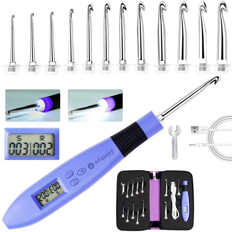 Zcvtbye Counting Crochet Hook Set Digital Ergonomic Crochet Hooks with LED Light and Digital Stitch Counter  Beginner Knitting Kit with 12 Interchangeable Crochet Hooks - Image 2